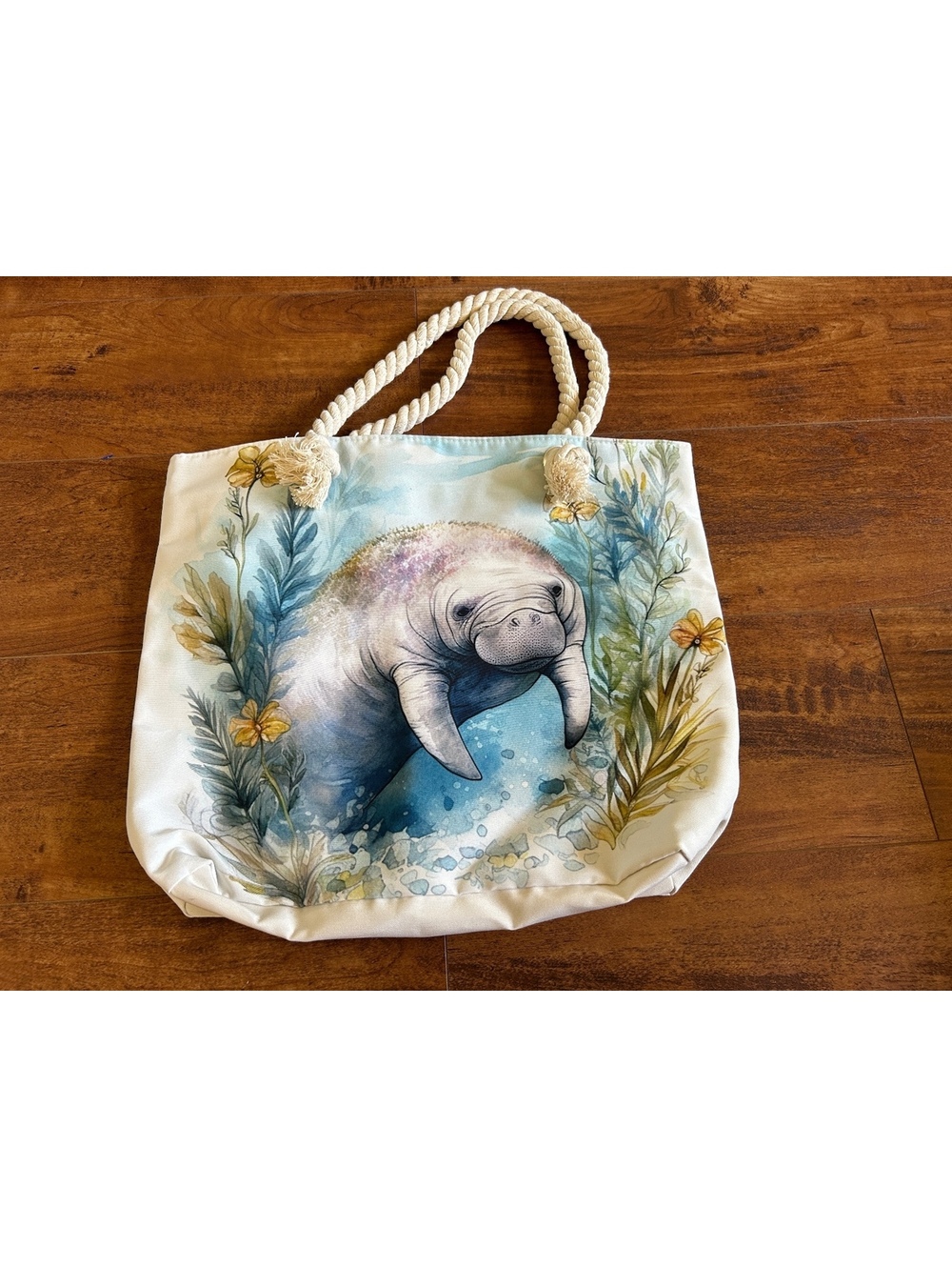 Canvas Tote Bag with Manatee and Floral Print and Rope Handles